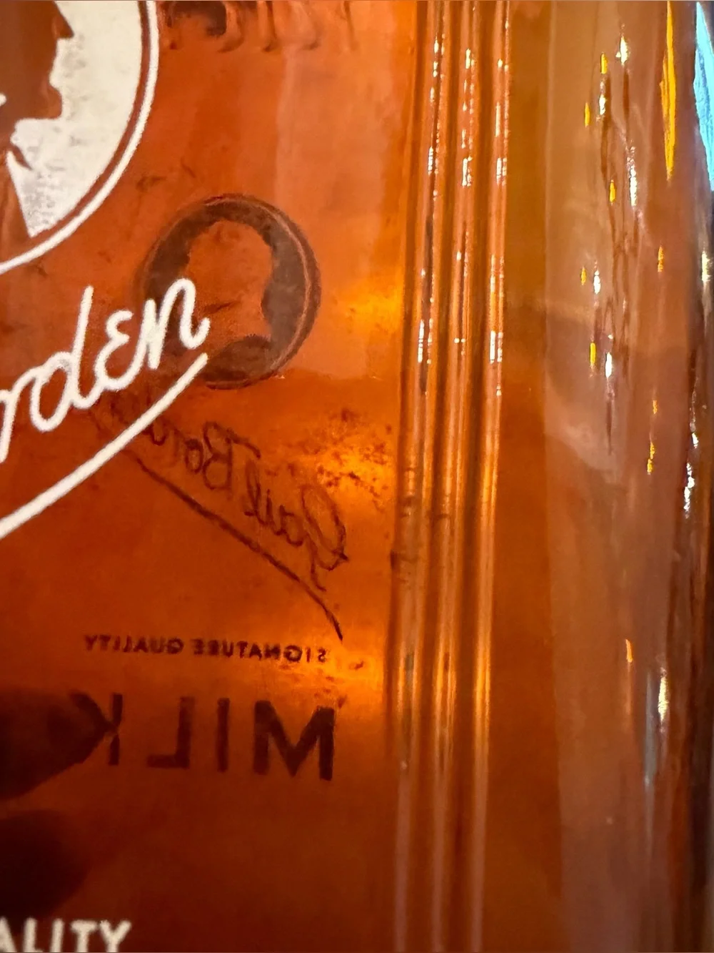 Vintage Gail Borden Amber Glass Half Gallon Milk Bottle 2 Quart 1950s Pyro Rare